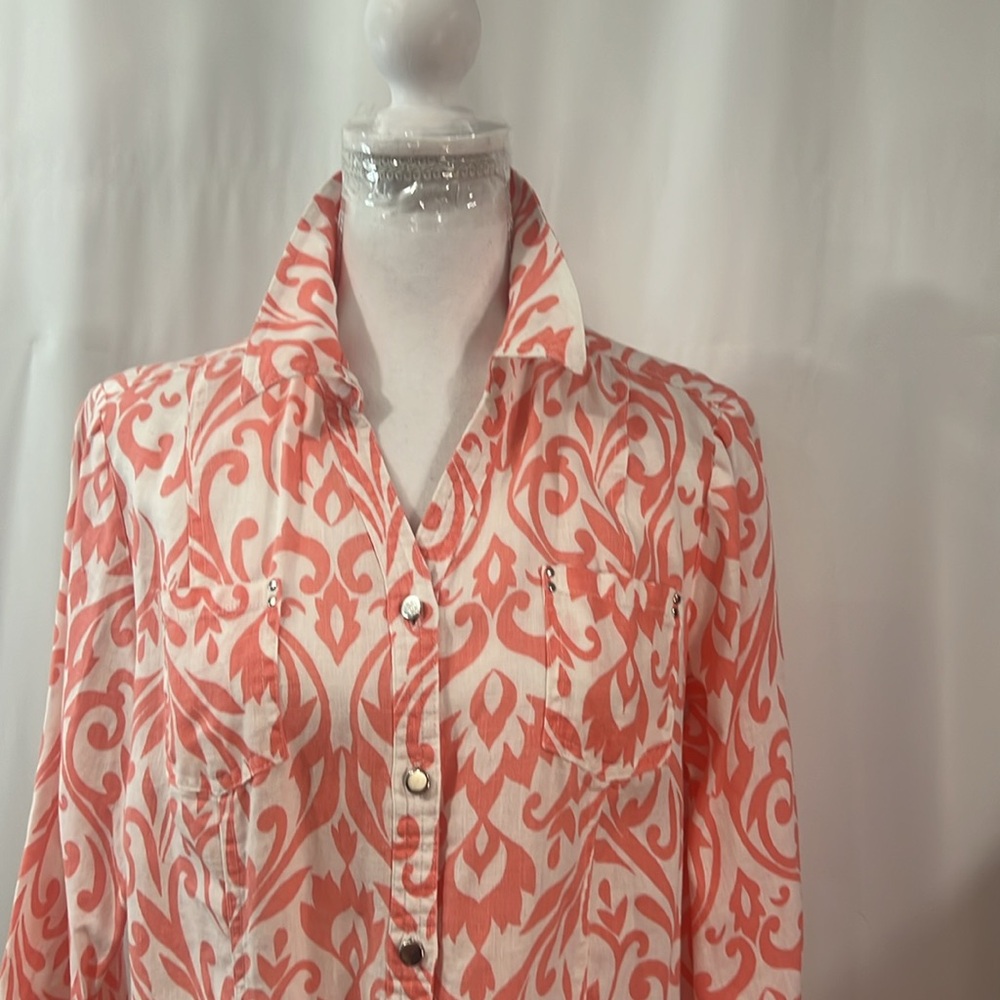 100% LINEN JM Collection Coral and White Button Down Shirt